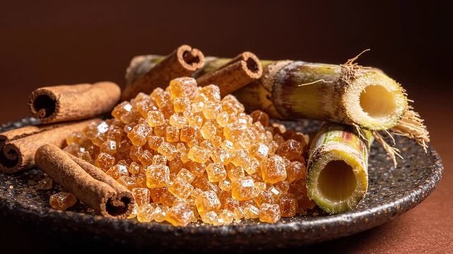 Raw sugar crystals with sugar cane and cinnamon sticks. Natural sweetener ingredients for baking, cooking, and food preparation.