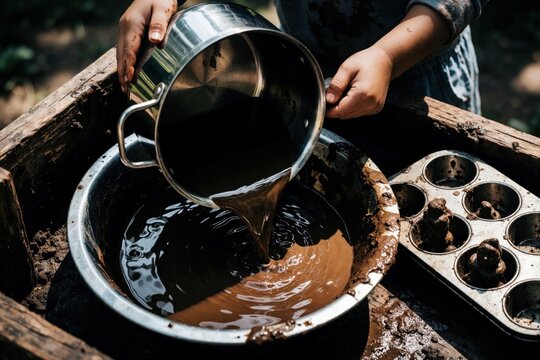 Little kid pours dark liquid mud from metal pot into large bowl. Child plays with dirty slime in wooden outdoor play area. Messy sensory play with mud, muffin tin molds in backyard garden. Fun messy