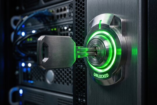 A metallic key inserted and turned in a high-tech lock with a glowing green unlocked status indicator on a modern data center server rack.