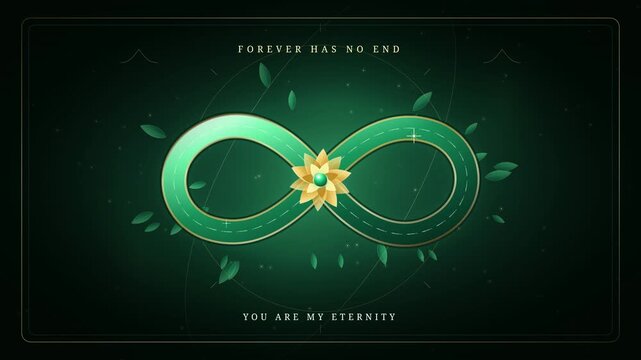 Valentine's Day loop with emerald infinity symbol and golden flower. Romantic endless love symbol motion graphic template with poetic quotes loop
