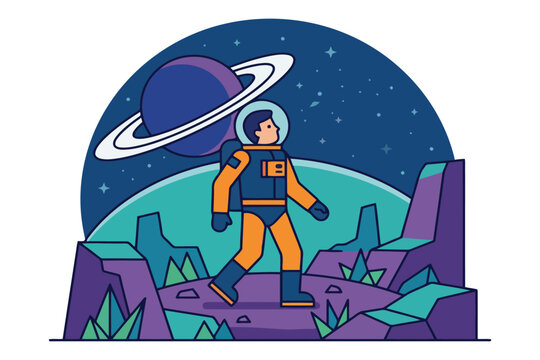 Astronaut walking on a rocky planet surface in outer space with big planets