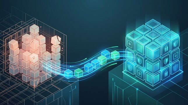 Encrypted blockchain cube representing high level cyber security data.