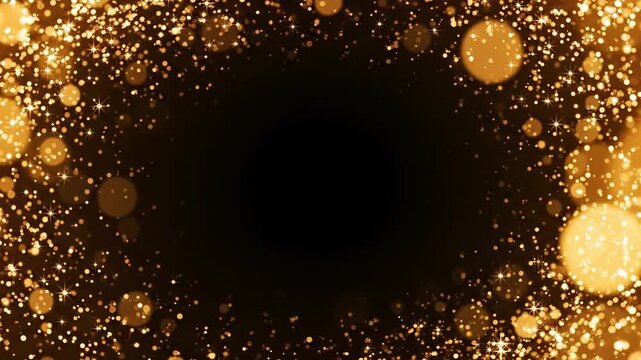 Animated gold sparkle border frames a dark center with copy space. Festive abstract background for celebration, greeting card and luxury event design.