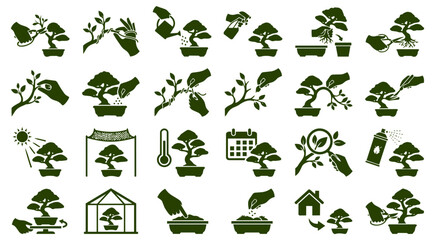Obraz premium Detailed bonsai tree care vector icons set showing gardening steps and maintenance process procedures