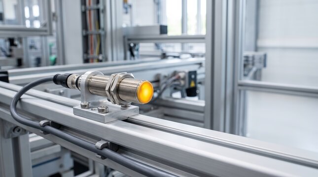 Inductive proximity sensor with orange indicator light mounted on aluminum rail in modern industrial automation setting
