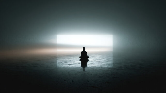 minimal meditation scene, person sitting in calm environment with soft light and fog, peaceful mood