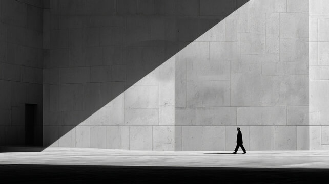 small human figure walking in front of massive modern building, scale contrast, black and white, minimal composition