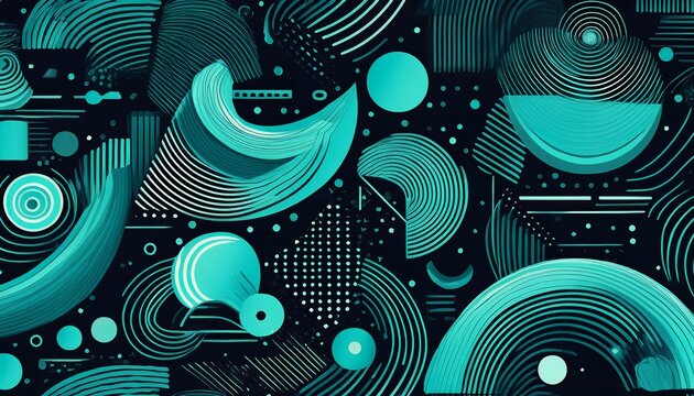 geometric memphis inspired pattern featuring turquoise rounded shapes straight lines and dots contrasting against black background generating seamless repeatable design