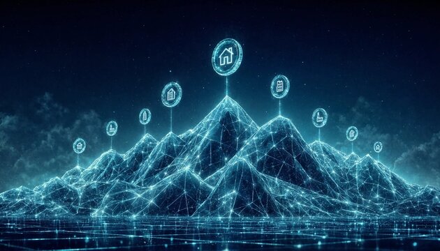 Digital Network Mapping Real Estate and Property Data on Futuristic Wireframe Mountains Background