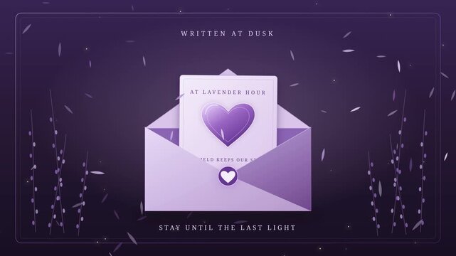 Valentine's Day greeting card loop animation with lavender heart and poetic quotes. Romantic love letter in purple envelope loop with falling leaves at dusk