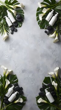 Monstera Leaves and White Bottles in Corners on Grey Texture Background