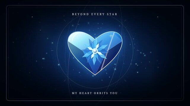 Sapphire Crystal Heart in Cosmic Space with Orbiting Rings Loop Animation. Glowing Blue Gem Heart with Orbit Lines and Stars Motion Graphic