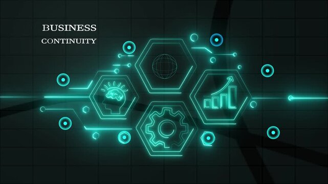 Business Continuity concept whit network infographics featuring ai integration and corporate strategy planning for enterprise solutions blue neon digital technology background.AI Brain Concepts.