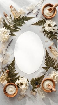 Fern Fronds and White Flowers with Central Circular Space Flat Lay