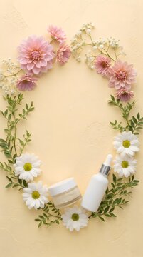 Pink and White Flowers Wreath Frame on Beige Background Flat Lay
