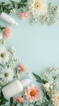 Mixed White and Pink Flowers Wreath on Light Blue Background