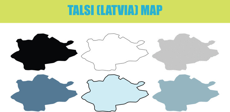Talsi Latvia map variations in silhouette outline and color fill for geographical representation