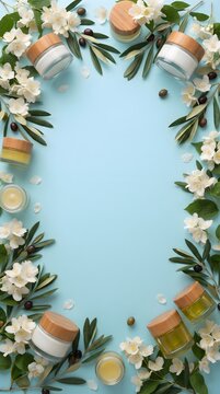 White Flowers and Green Leaves Border on Light Blue Background