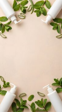 Green Leaves and White Skincare Bottles on Neutral Beige Background