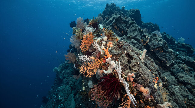 Colorful corals and marine life growing on a deep rocky seamount underwater. Concept of filter feeding, coral reef, deep sea, ocean, sea fan, crinoid. Copy space.