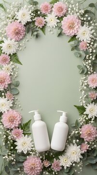 Sage Green Background with Dense Pink and White Floral Frame Flat Lay