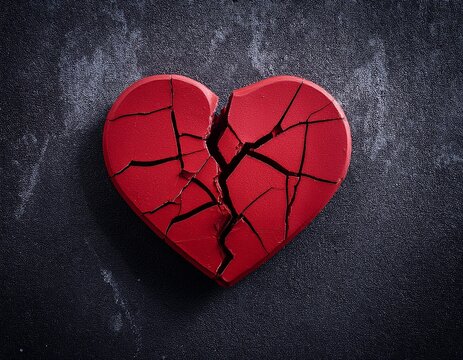 cracked red heart on dark concrete wall heartbreak concept