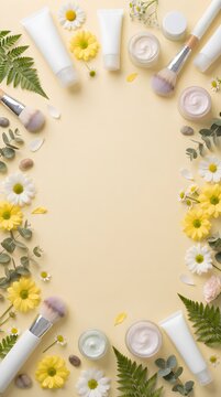 Beige Background with Yellow Flowers and Skincare Items Flat Lay