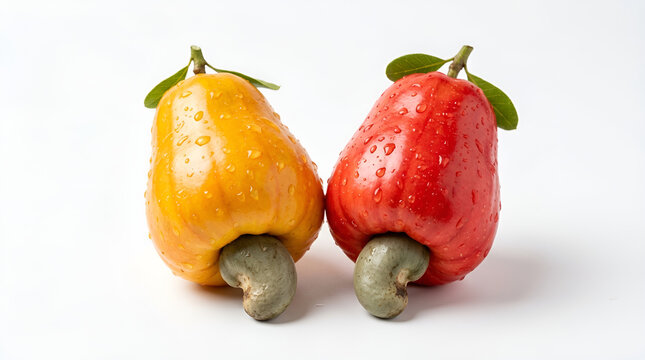 Two fresh glossy wet dewy cashew apples golden yellow and bright red with grayish green cashew nuts attached underneath, green stem, clean white minimalist background