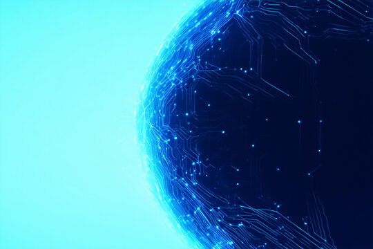 Blue circuit globe close up with cyan copy space