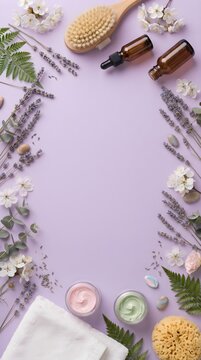 Purple Background with Lavender and Skincare Products Flat Lay