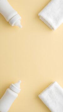 Yellow-Beige Background with White Bottles and Towels Flat Lay