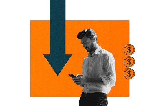 Composite photo collage of upset serious guy hold iphone device arrow down statistics failure bankrupt coin isolated on painted background