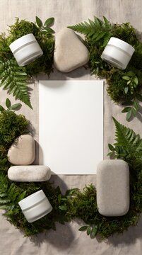 Moss and Fern Background with Central Paper Sheet and Skincare Jars