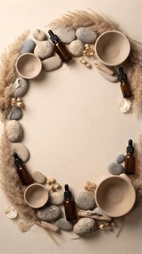 Rustic Woven Wreath with Stones and Amber Dropper Bottles Flat Lay
