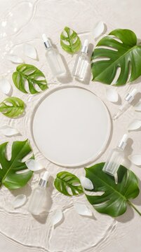 Textured White Surface with Central Circular Plate and Monstera Leaves Flat Lay