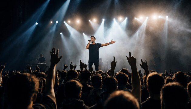 Male singer performing on stage under spotlights during live music concert with cheering crowd. Concept of performance, music festival, gig, performer.