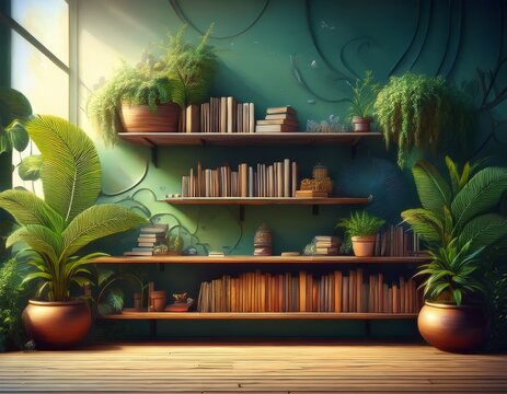 stylish virtual background with shelves books and greenery for zoom calls