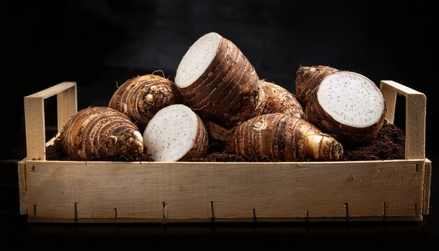 fresh harvested taro roots with brown skin in wooden crate cut organic vegetable showing white starchy interior texture covered with dark soil tropical tuber crop agricultural produce for healthy
