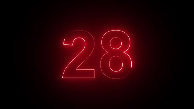 Glowing Neon Text Red Number 28 Countdown Icon Animation, Abstract Futuristic Digital Countdown Motion Graphic on Black Background