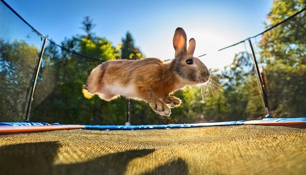 athletic rabbit high jump on trampoline sunny day bright healthy