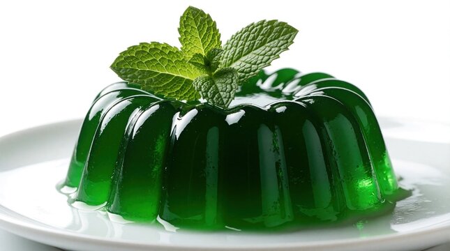 Vibrant green gelatin dessert with fresh mint leaves on white plate. Shiny transparent jelly mold sits on ceramic dish. Sweet translucent lime dessert looks tasty, refreshing. Macro closeup of