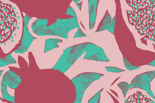 Hand-drawn pomegranate pattern in an abstract block-print style, combining engraved linework and textured marks for a playful textile surface, packaging, and decor.
