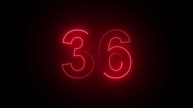 Glowing Neon Text Red Number 36 Countdown Icon Animation, Abstract Futuristic Digital Countdown Motion Graphic on Black Background