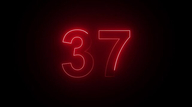 Glowing Neon Text Red Number 37 Countdown Icon Animation, Abstract Futuristic Digital Countdown Motion Graphic on Black Background