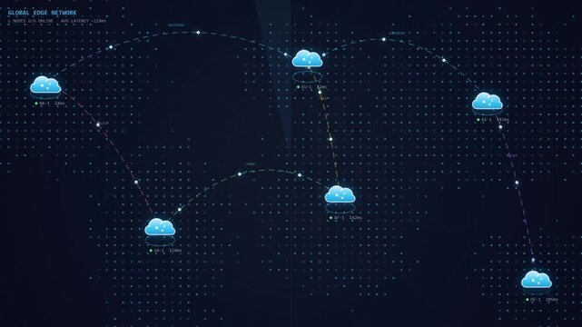 Global cloud network infrastructure visualization with data flow connections in dark space