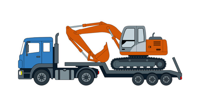 Lowbed trailer truck hauling a crawler excavator