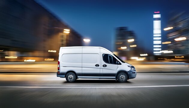 white delivery van side view on blur city street background moving minivan in urgent fast motion concept of logistics food merchandise commercial delivery or post service banner with copy space