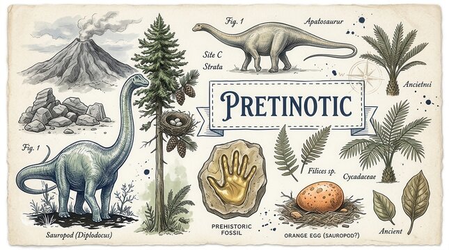 Vintage Prehistoric Dinosaur Field Guide Illustration with Sauropods, Volcano, Fossil, and Ancient Flora