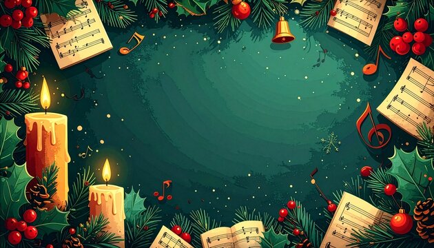 Christmas carols music frame with notes bells and candles on dark green background