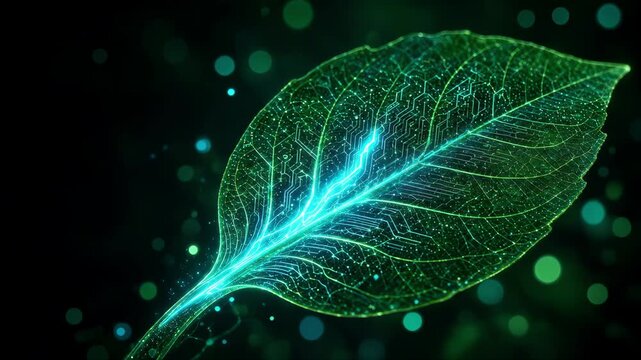 Digital Green Leaf  on Black Background, Vibrant Nature Texture with Glowing Light, Eco Energy and Futuristic Science Inspired Abstract Design